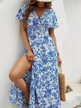 Женское платье в стиле бохо с V-образным вырезом и коротким рукавом, удобная пляжная юбка, повседневное, сексуальное, синее, весеннее, новое S синий