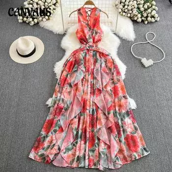 Женское платье в стиле бохо с V-образным вырезом на спине и открытой талией, тонкое, с оборками и принтом, длинное платье с подолом в стиле Seaside Holiday S