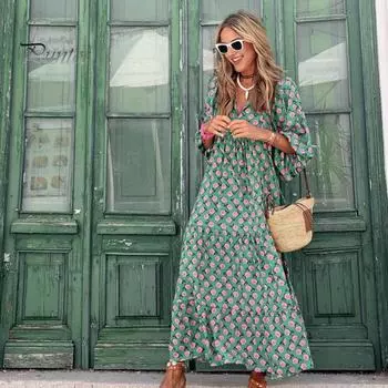 Женское платье в стиле бохо с V-образным вырезом, рукавами-фонариками, А-силуэтом, с плиссировкой и принтом, длиной до середины голени, пляжное платье для отдыха S зелёный
