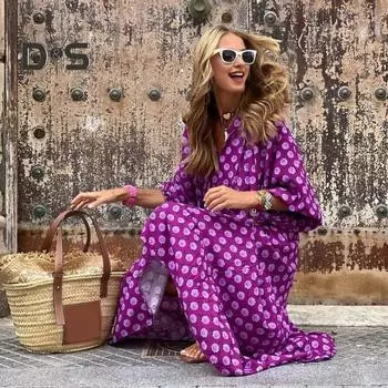 Женское платье в стиле бохо с V-образным вырезом, рукавами-фонариками, А-силуэтом, с плиссировкой и принтом, длиной до середины голени, пляжное платье для отдыха S зелёный