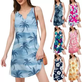 Женское платье в стиле бохо с принтом в виде морского берега и V-образным вырезом и разрезом L фиолетовый