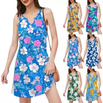 Женское платье в стиле бохо с принтом в виде морского берега и V-образным вырезом и разрезом XXL