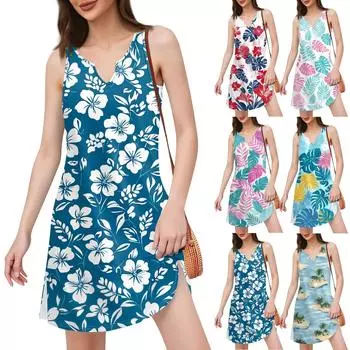 Женское платье в стиле бохо с принтом в виде морского берега и V-образным вырезом и разрезом S розовый