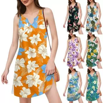 Женское платье в стиле бохо с принтом в виде морского берега и V-образным вырезом и разрезом XL