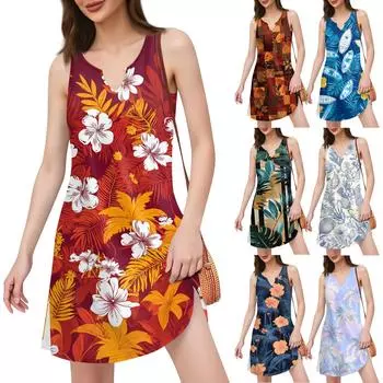 Женское платье в стиле бохо с принтом в виде морского берега и V-образным вырезом и разрезом L