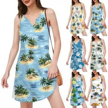 Женское платье в стиле бохо с принтом в виде морского берега и V-образным вырезом и разрезом S жёлтый