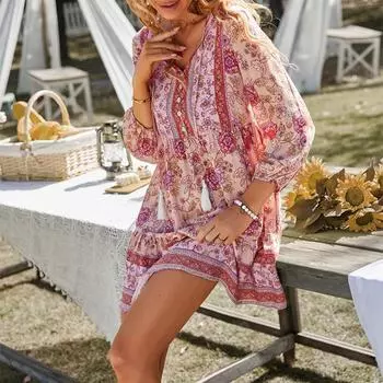 Женское платье в стиле бохо с цветочным принтом, повседневное, с длинным рукавом, струящееся, короткое, свободное, с V-образным вырезом, на пуговицах, платье А-силуэта, мини-пляжное платье-сарафан S жёлтый