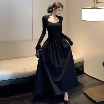 Женское платье в стиле французской Хепберн с квадратным воротником и тонкой талией S чёрный