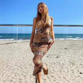 Женское платье в стиле Holiday Coast с круглым вырезом и плиссировкой, без рукавов, повседневное, сексуальное, в стиле Spice S коричневый