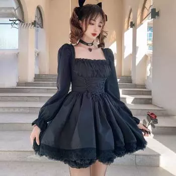 Женское платье в стиле Лолиты, платье принцессы, плиссированное платье с квадратным вырезом и пышными рукавами, кружевное сплошное цветное мини-платье для косплея M чёрный