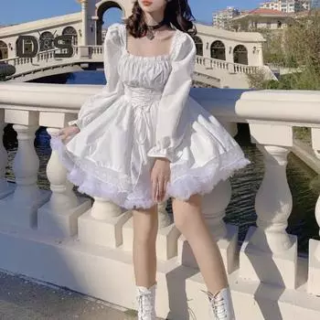 Женское платье в стиле Лолиты, платье принцессы, плиссированное платье с квадратным вырезом и пышными рукавами, кружевное сплошное цветное мини-платье для косплея M чёрный