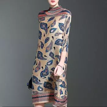 Женское платье в стиле ретро, плиссированное платье 2022, осеннее новое платье с высоким воротом и принтом для мам среднего возраста, свободная женская одежда мм M синий