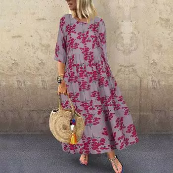 Женское платье в стиле ретро с цветочным принтом, винтажное повседневное летнее платье с круглым вырезом и половиной рукава, большие макси-длинные платья M красный