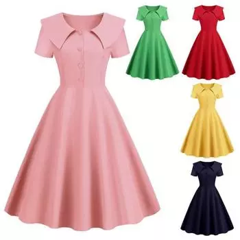 Женское платье в стиле ретро с отложным воротником и короткими рукавами, трапециевидное платье с большими распашными пуговицами, облегающее однотонное бальное платье миди для выпускного вечера 50-х годов XL темно-синий