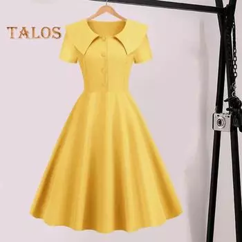 Женское платье в стиле ретро с отложным воротником и короткими рукавами, трапециевидное платье с большими распашными пуговицами, облегающее однотонное бальное платье миди для выпускного вечера 50-х годов S жёлтый