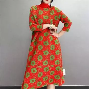 Женское платье в стиле ретро с цветочным принтом, плиссированное платье осенью, свободное платье с длинными рукавами, повседневная средняя и длинная базовая юбка с круглым вырезом M красный