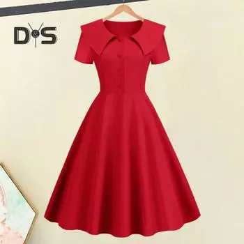 Женское платье в стиле ретро с отложным воротником и короткими рукавами, трапециевидное платье с большими распашными пуговицами, облегающее однотонное бальное платье миди для выпускного вечера 50-х годов XL темно-синий