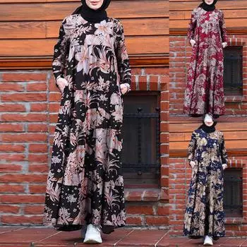 Женское платье в стиле ретро с длинным рукавом и цветочным принтом, макси-платья с круглым вырезом XXXL винный