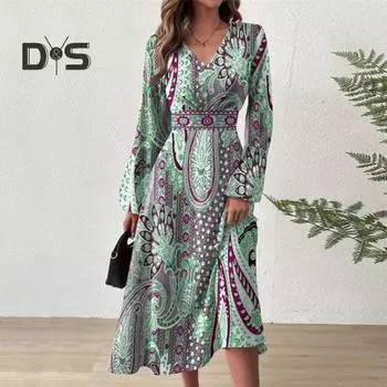 Женское платье в стиле ретро с принтом в этническом стиле, с высокой талией, V-образным вырезом, длинным рукавом, А-силуэтом, длинным рукавом-фонариком, большим свободным кроем, длиной до колена, женское платье миди XL синий