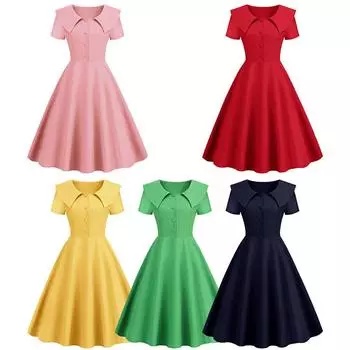 Женское платье в стиле ретро с отложным воротником и короткими рукавами, трапециевидное платье с большими распашными пуговицами, облегающее однотонное бальное платье миди для выпускного вечера 50-х годов S красный