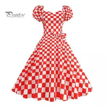 Женское платье в стиле ретро-трапеции с большими качелями, облегающее, с высокой талией, с короткими рукавами, с V-образным вырезом, в клетку, с принтом в горошек, контрастного цвета, на шнуровке, с узкой талией, для вечеринки, свадьбы, выпускного вечера,