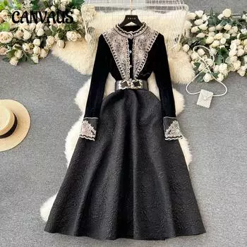 Женское платье в стиле ретро во французском стиле из плотного бархата с вышивкой, с длинными рукавами, с широкими рукавами и свободным кроем M чёрный