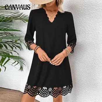 Женское платье в стиле «темперамент» с кружевом и V-образным вырезом, длинными рукавами, осеннее тонкое платье-трапеция с выжженным цветком в юбке S чёрный