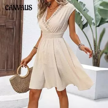 Женское платье в стиле весенних и летних праздников с кружевом, вырезом V-образным вырезом, юбкой А-силуэта с вырезанными цветами и небольшим подолом S абрикосовый