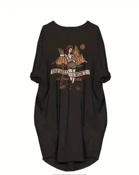 Женское платье в стиле вестерн больших размеров с рисунком в виде мультяшных персонажей и гор, длинными рукавами, круглым вырезом, слегка эластичным кроем и карманами 1XL чёрный