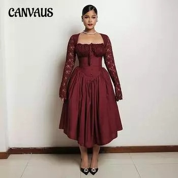 Женское платье, весенне-осеннее, темпераментное, с квадратным вырезом, кружевное, с длинными рукавами, с талией, однотонное, средней длины, платья S бордовый