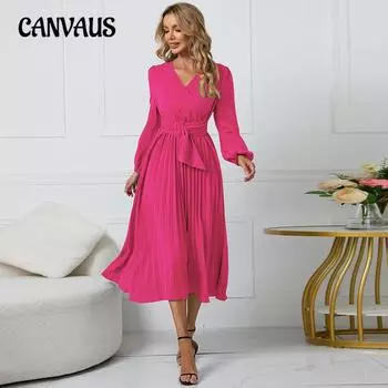 Женское платье, весенние и осенние платья с тонким плиссированным поясом и v-образным вырезом с длинными рукавами