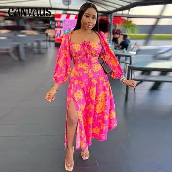 Женское платье, весенние свежие милые платья с квадратным вырезом и завязкой на талии, с длинными рукавами и разрезом S темно-розовый