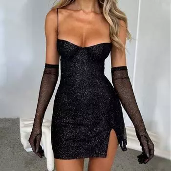 Женское платье весна и лето новые яркие шелковые перчатки халтер тонкие сексуальные и элегантные платья S чёрный