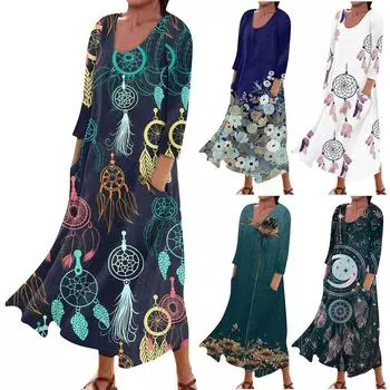 Женское платье весна/лето богемное повседневное модное платье с рукавом 3/4 праздничное большое M чёрный