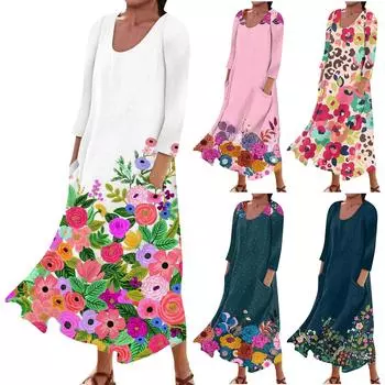 Женское платье весна/лето богемное повседневное модное платье с рукавом 3/4 праздничное большое M синий