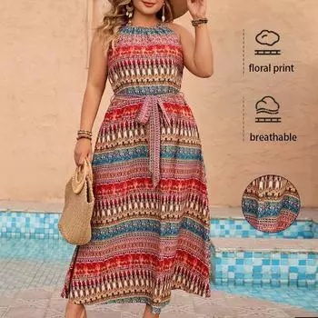 Женское платье весна-лето халтер без рукавов платье 1XL красный