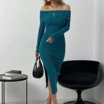 Женское платье весна-лето с длинными рукавами и открытыми плечевыми разрезами, закрывающими бедра, из чистого хлопка, трикотажные вечерние платья средней длины S чёрный