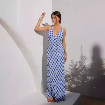 Женское платье весна/лето с контрастным цветным принтом и глубоким V-образным вырезом, кружевное платье с бретелью через шею S синий/зелёный