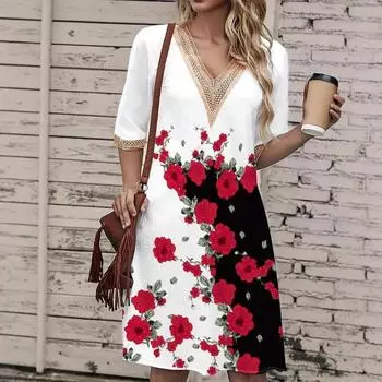 Женское платье весна/лето с принтом, кружевное, с V-образным вырезом, свободное, с короткими рукавами, средней длины S