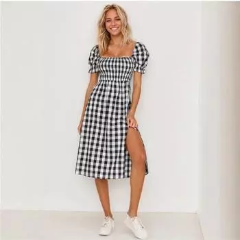 Женское платье весна-лето с разрезом, квадратным воротником и короткими рукавами в клетку S чёрный