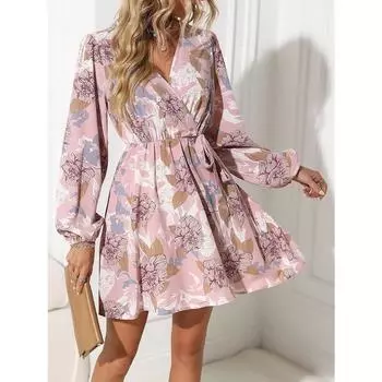 Женское платье весна/лето с V-образным вырезом, шнуровкой и цветочным принтом S розовый
