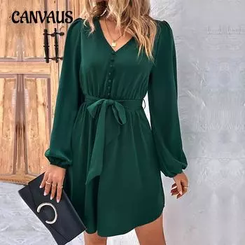 Женское платье весна-лето с v-образным вырезом, однотонное, темпераментное, элегантное, с длинными рукавами XS чёрный