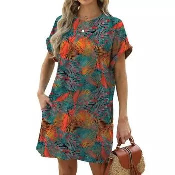 Женское платье весна/лето свободного кроя с круглым вырезом и короткими рукавами с принтом и карманами S чёрный