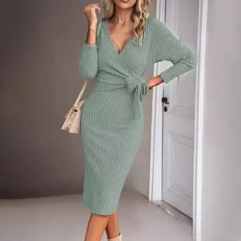 Женское платье весна-осень с крестообразным V-образным вырезом на шнуровке, облегающее, с длинными рукавами, длиной до колена, трикотажное облегающее эластичное платье миди для шопинга, платье для свиданий S серый