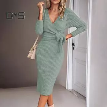 Женское платье весна-осень с крестообразным V-образным вырезом на шнуровке, облегающее, с длинными рукавами, длиной до колена, трикотажное облегающее эластичное платье миди для шопинга, платье для свиданий S абрикосовый