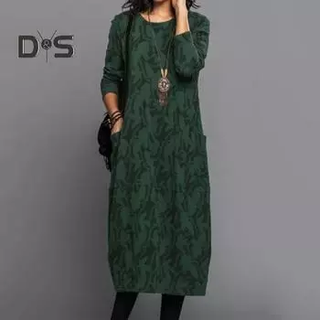 Женское платье весна-осень с круглым вырезом, длинными рукавами и боковыми карманами, свободное платье-миди длиной до середины икры с цветочным принтом для повседневной носки и поездок на работу 2XL синий