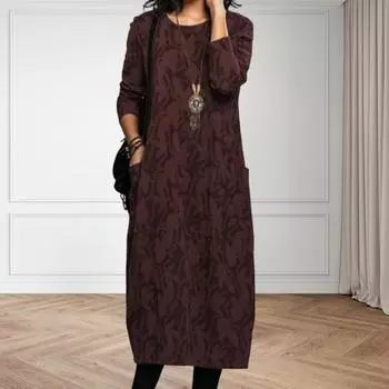 Женское платье весна-осень с круглым вырезом, длинными рукавами и боковыми карманами, свободное платье-миди длиной до середины икры с цветочным принтом для повседневной носки и поездок на работу M зелёный