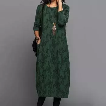 Женское платье весна-осень с круглым вырезом, длинными рукавами и боковыми карманами, свободное платье-миди длиной до середины икры с цветочным принтом для повседневной носки и поездок на работу 2XL синий