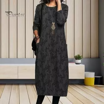 Женское платье весна-осень с круглым вырезом, длинными рукавами и боковыми карманами, свободное платье-миди длиной до середины икры с цветочным принтом для повседневной носки и поездок на работу M зелёный