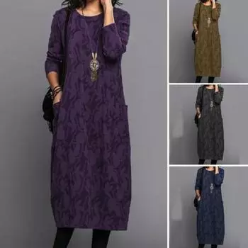 Женское платье весна-осень с круглым вырезом, длинными рукавами и боковыми карманами, свободное платье-миди длиной до середины икры с цветочным принтом для повседневной носки и поездок на работу M зелёный